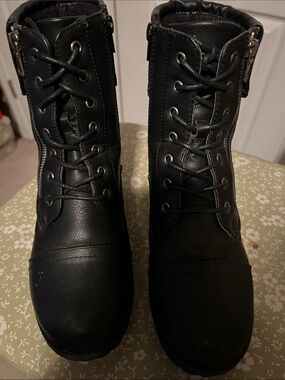Global Win Black Lace-Up Moto Combat Boots with Side Zippers
